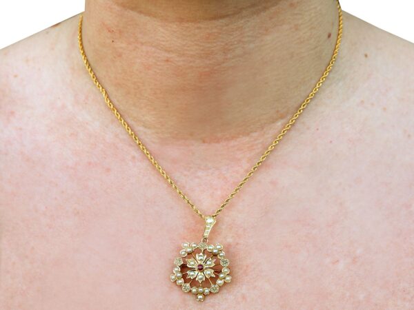 Antique pearl and Ruby pendant wearing