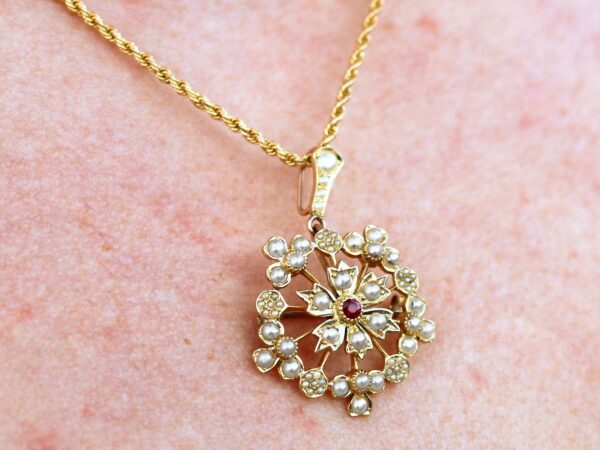 wearing Antique pearl and Ruby pendant