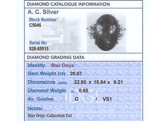 Star Onyx Ring with Diamonds grading card