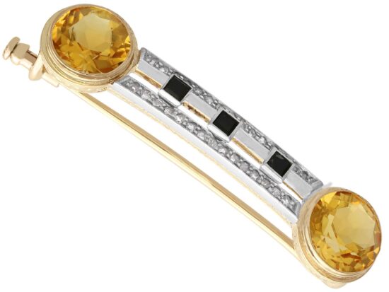 Antique Citrine Brooch in Gold with diamond and onyx