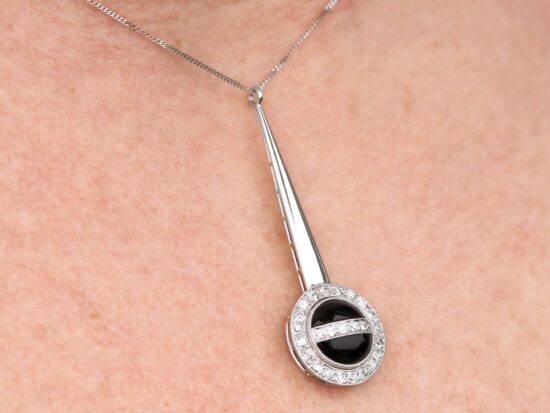 wearing Art Deco Onyx Diamond Pendant
