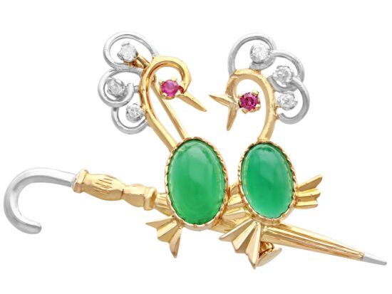 Chrysoprase Ruby Diamond Bird Brooch
