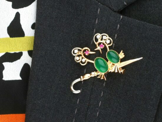 Wearing Chrysoprase Ruby Diamond Bird Brooch