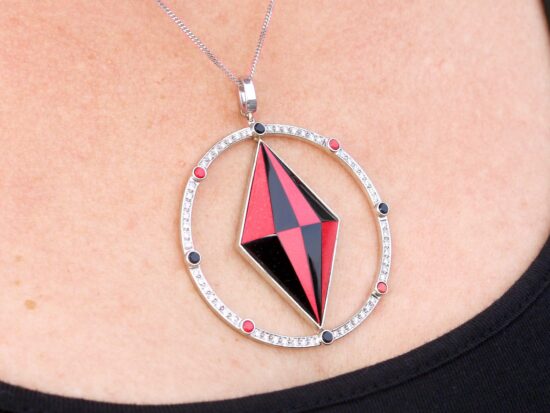 Vintage Coral Pendant with Onyx wearing