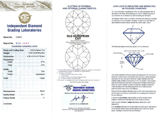 Old Cut Diamond Line Brooch certificate
