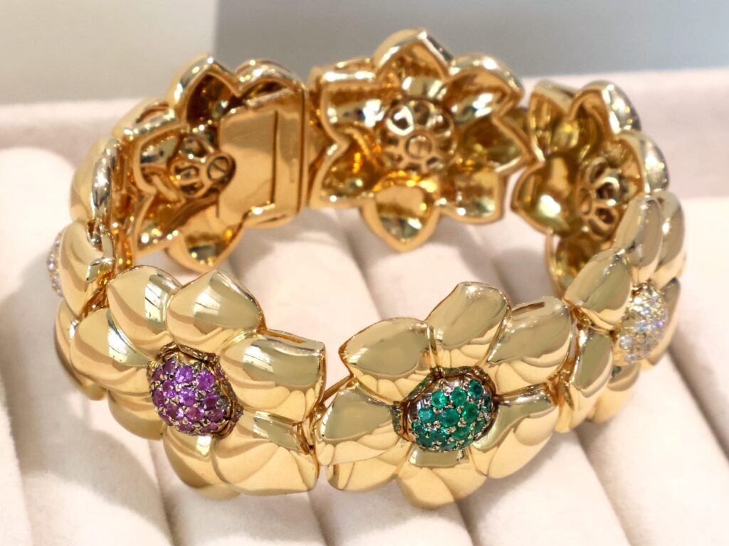floral ruby emerald and diamond yellow gold bracelet 