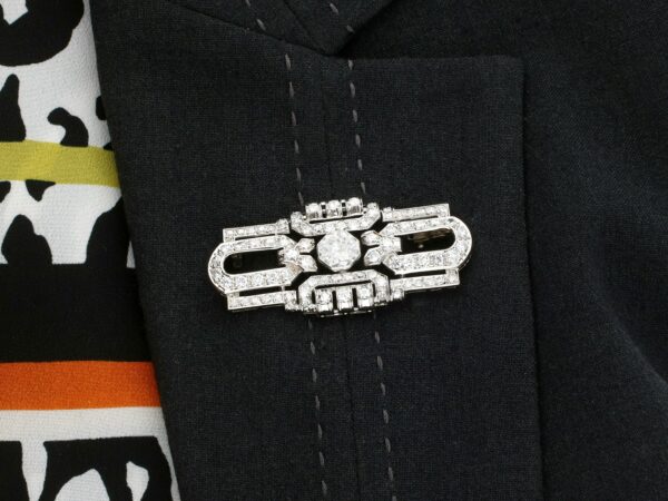 wearing art deco platinum diamond brooch