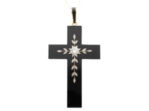 Onyx and Diamond Cross Pendant Necklace