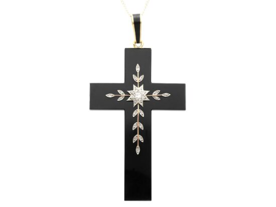 Onyx and Diamond Cross Pendant Necklace
