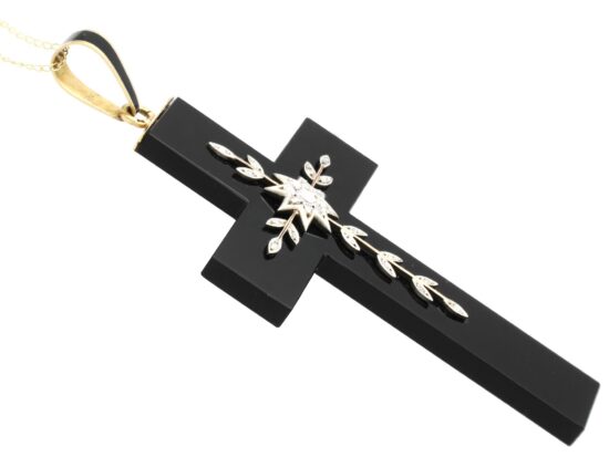 Onyx and Diamond Cross Pendant Necklace