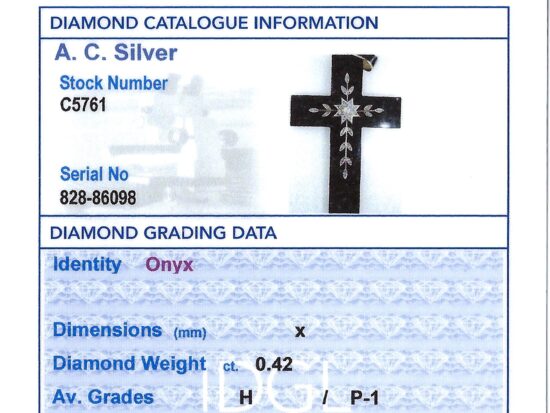 Onyx and Diamond Cross Pendant Necklace grading card