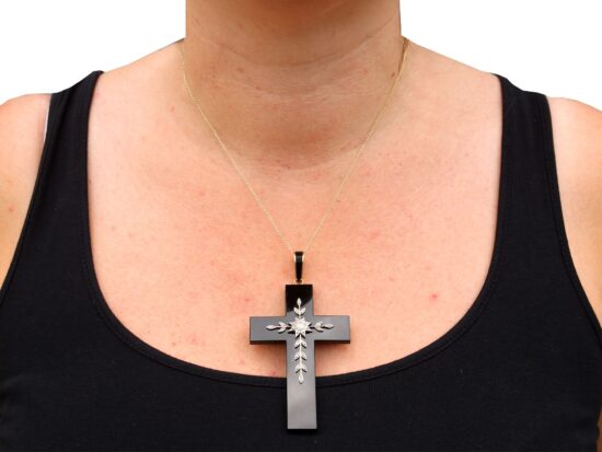 Onyx and Diamond Cross Pendant Necklace wearing