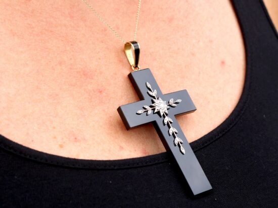 Onyx and Diamond Cross Pendant Necklace wearing