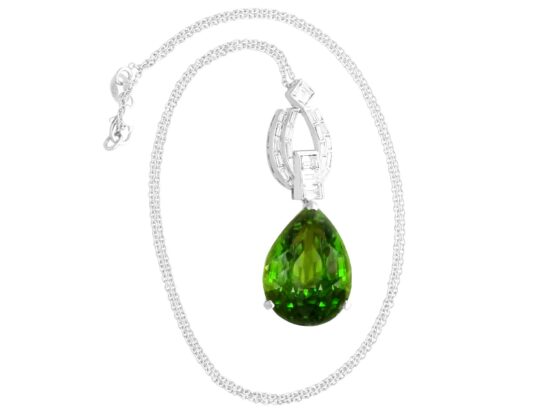 Pear shaped peridot pendant in platinum with diamonds