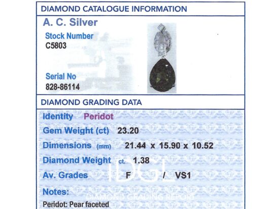 Pear shaped peridot pendant in platinum with diamonds grading card