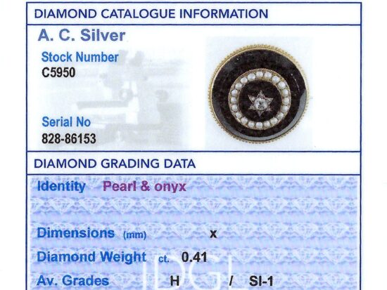 Victorian Onyx Brooch with Diamonds grading card