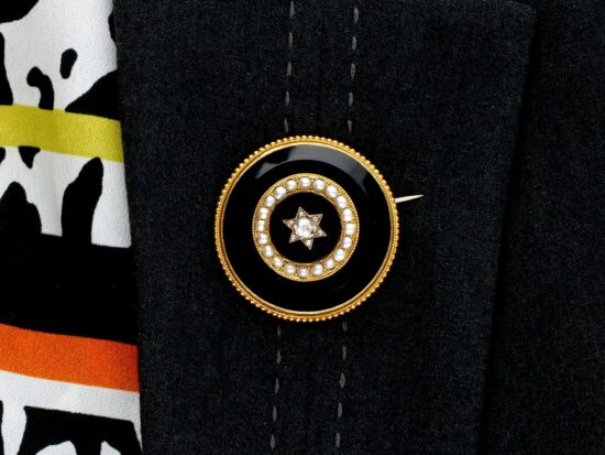 Victorian Onyx Brooch with Diamonds wearing