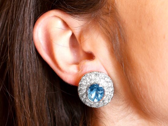 Large Aquamarine and Diamond Earring wearing