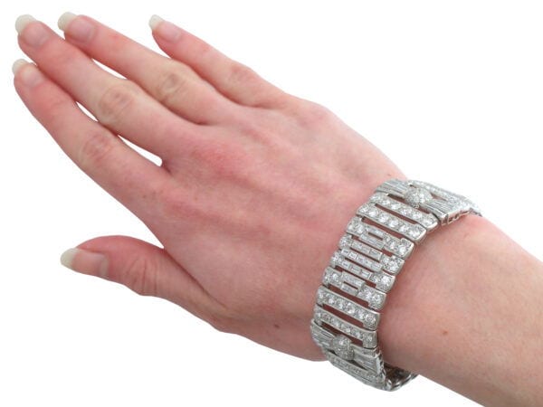 wearing art deco white gold diamond bracelet