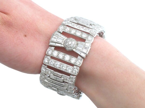 art deco white gold diamond bracelet on wrist