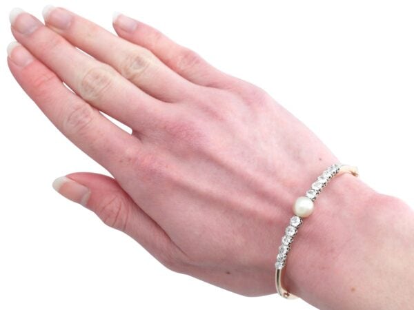 Pearl Diamond Rose Gold Bangle On Wrist