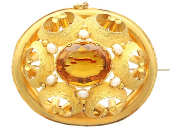 Citrine Pearl Victorian Brooch Front