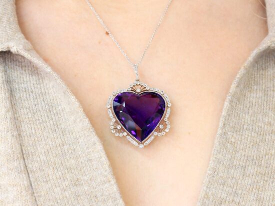 Large Amethyst Heart Pendant being worn