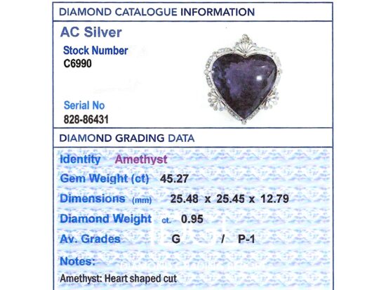 Large Amethyst Heart Pendant grading card