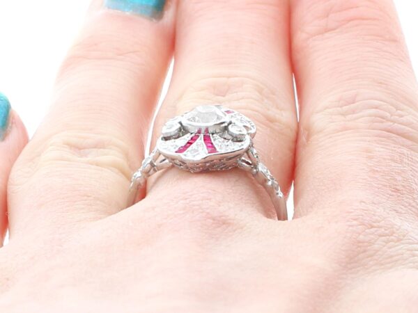 Art Deco Ruby and Diamond Ring on finger