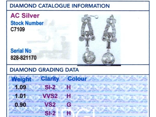 Art Deco diamond drop earrings grading card