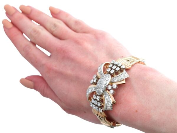 wearing gold art deco bracelet