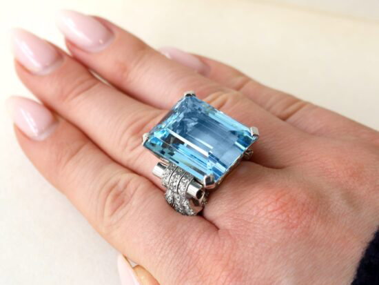 Large Aquamarine Cocktail Ring on hand
