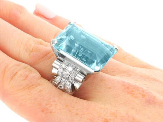 Large Aquamarine Cocktail Ring on hand
