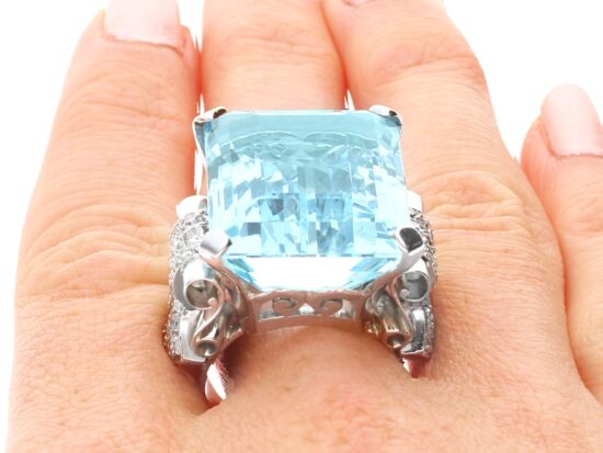 Large Aquamarine Cocktail Ring on finger