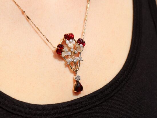 Garnet Pendant in Gold with Moonstone wearing
