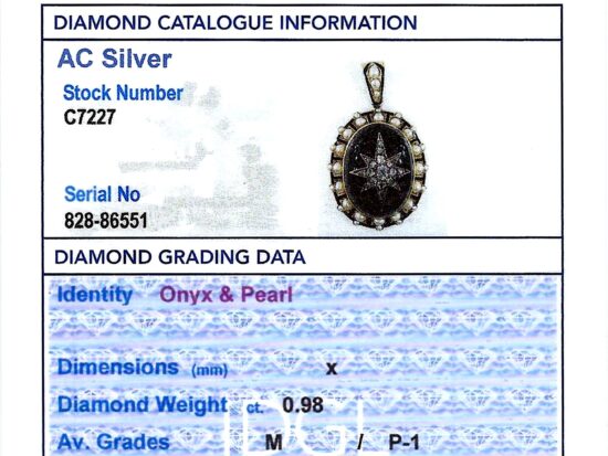 Victorian Seed Pearl Pendant with Onyx grading card