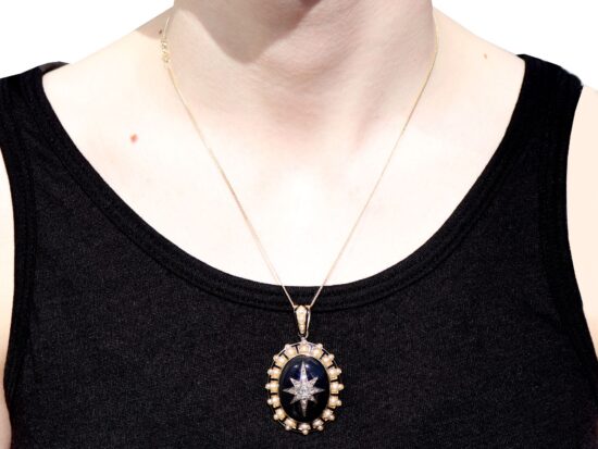 wearing Victorian Seed Pearl Pendant with Onyx