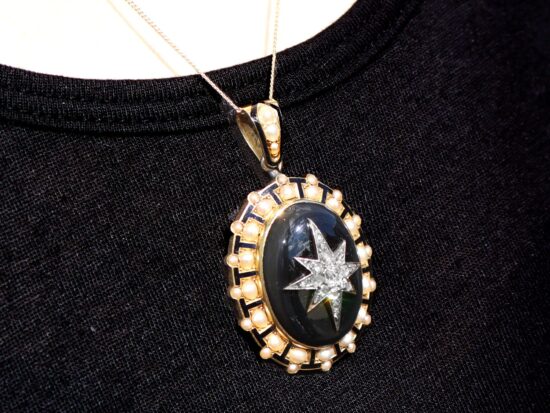 Victorian Seed Pearl Pendant with Onyx wearing