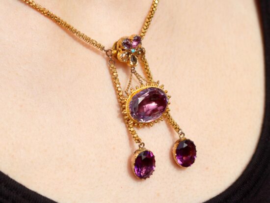 Victorian Pendant Being Worn Closeup