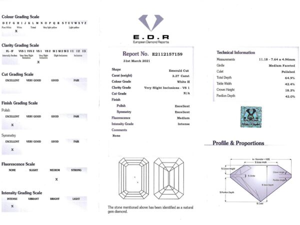 platinum emerald cut diamond ring grading certificate
