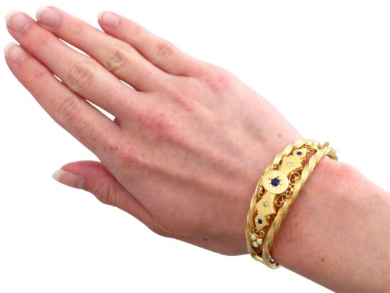 Sapphire Diamond Gold Bangle On Wrist
