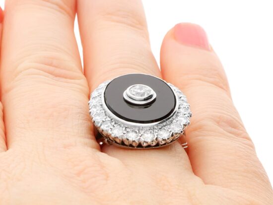 Vintage Onyx and Diamond Ring on finger