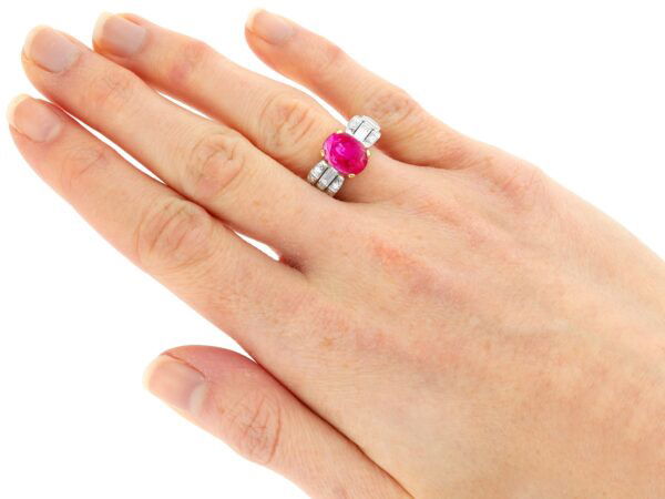 art deco Burmese ruby and diamond ring on hand