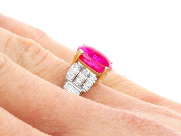 wearing art deco Burmese ruby and diamond ring