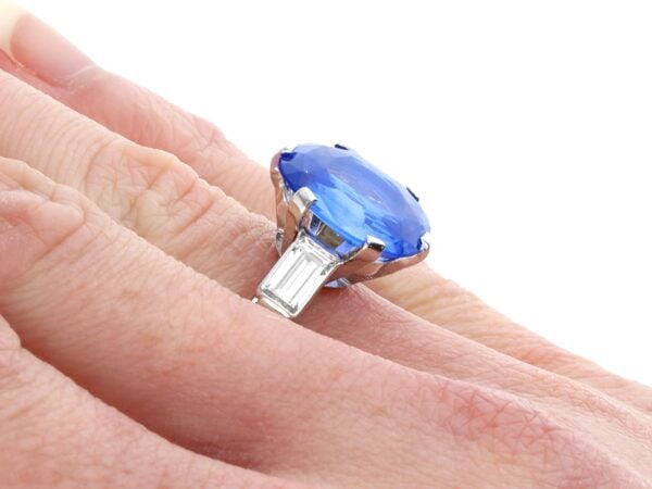 wearing art deco Ceylon sapphire ring