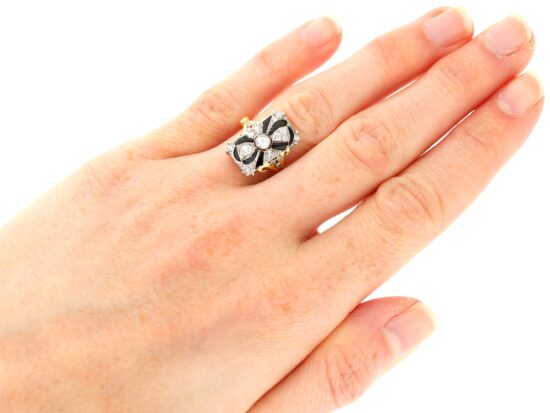 Black Onyx and Diamond Ring Art Deco wearing