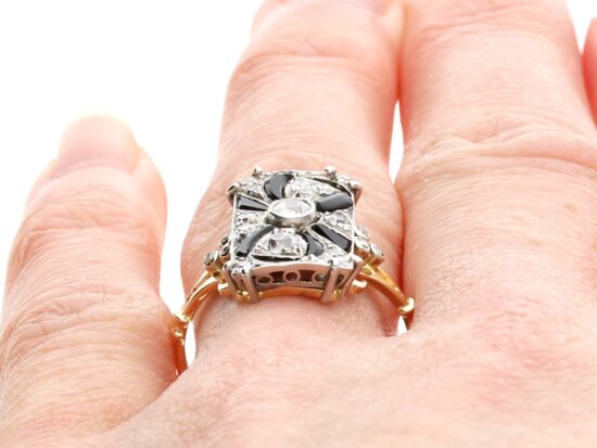 Black Onyx and Diamond Ring Art Deco on finger