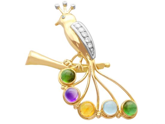 Gemstone Diamond Bird Brooch Front