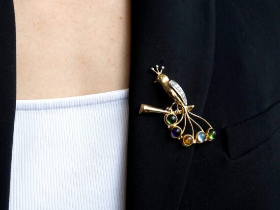 gemstone bird brooch wearing