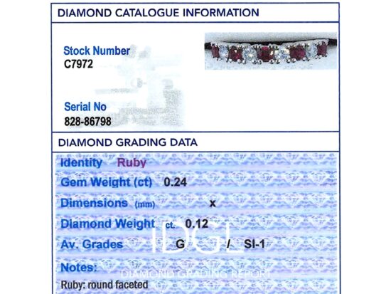 18ct White Gold Ruby and Diamond Eternity Ring grading card